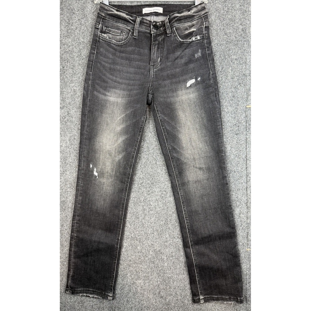 Flying Monkey Jeans Women's 28 Straight Leg Washed Black Distressed Grunge Denim